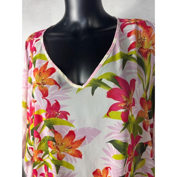 Susan Graver Floral Print V Neck Caftan Top 2X 3XL Pink Orange Green - Picture 4 of 13